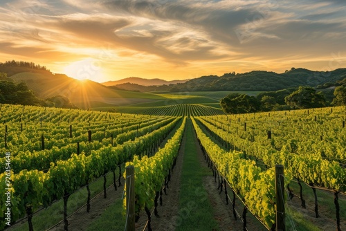 A panoramic view of a lush vineyard at sunset, capturing the essence of winemaking and rural charm.