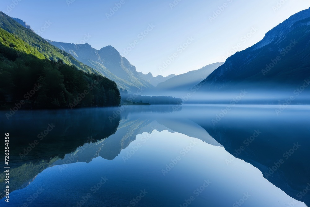 A serene alpine lake at dawn, with mist rising off the water and mountains reflected in the still surface