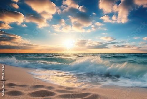 Golden Sunset on Seashore with Waves © dashtik