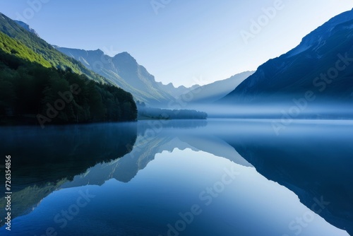 A serene alpine lake at dawn, with mist rising off the water and mountains reflected in the still surface photo