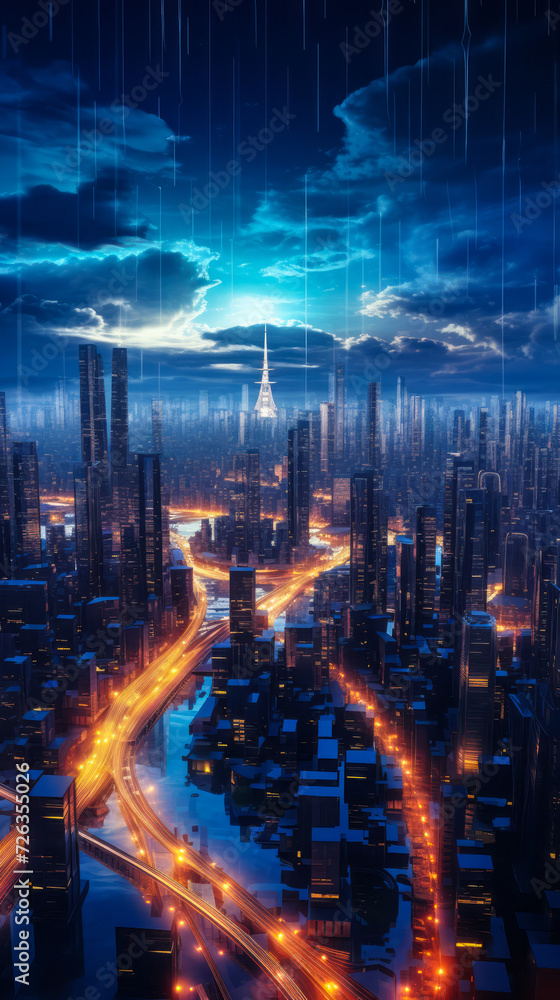 Futuristic Cyberpunk Cityscape with Illuminated Skyscrapers and High-Speed Data Streams in a Dynamic Urban Night Scene