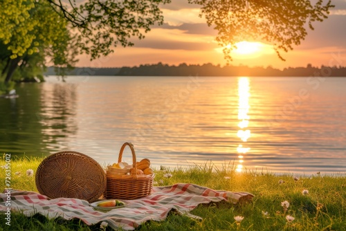 A serene lakeside picnic with a blanket, basket of food, and a picturesque sunset view. photo