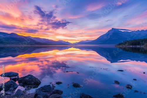 A serene landscape of a mountain lake at sunrise, reflecting the vibrant colors of the sky © furyon