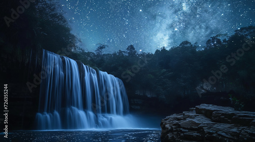 A moonlit waterfall under a starry sky creating a magical and ethereal ambiance.