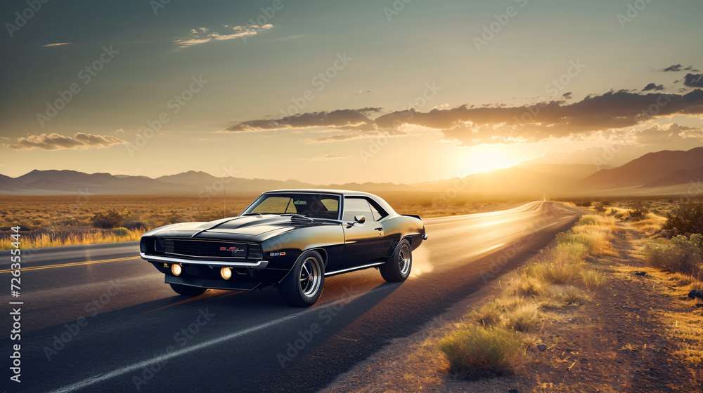 A muscle car roaring down an open desert road at dawn.