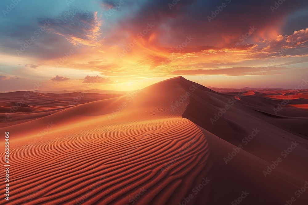 A stunning landscape of a desert with towering sand dunes at sunset
