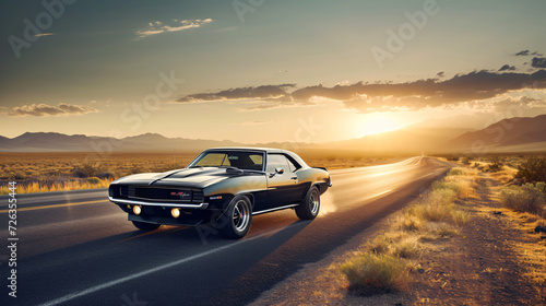 A muscle car roaring down an open desert road at dawn.