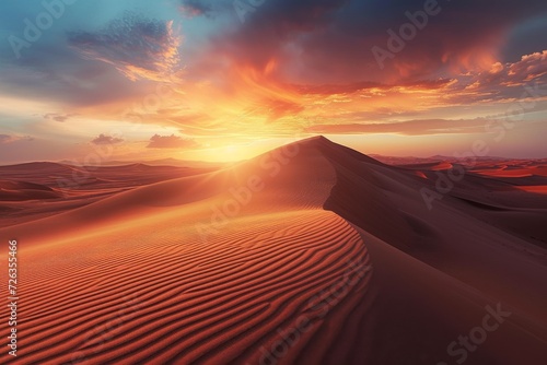 A stunning landscape of a desert with towering sand dunes at sunset