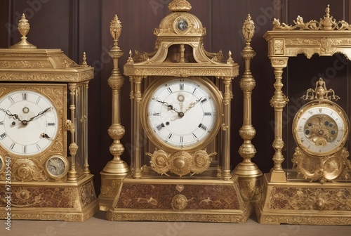 Antique clock hanging with wooden wall.
 photo