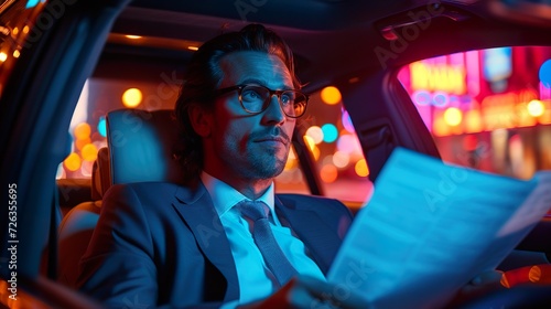 Business Executive Reviewing Documents in Car at Night