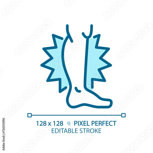 Leg cramps light blue icon. Muscle pain, hormone imbalance. Neurological condition. Healthcare massage. RGB color sign. Simple design. Web symbol. Contour line. Flat illustration. Isolated object