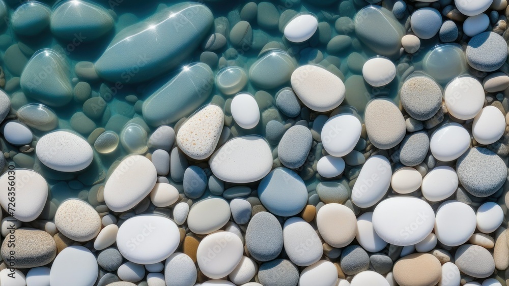 Creative background abstract image of white rounded smooth pebble stone under transparent water with waves. Backdrop sea bottom pattern surface. Top view.  generative, ai.