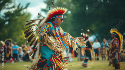 A Native American powwow with traditional regalia and drumming in an outdoor setting.