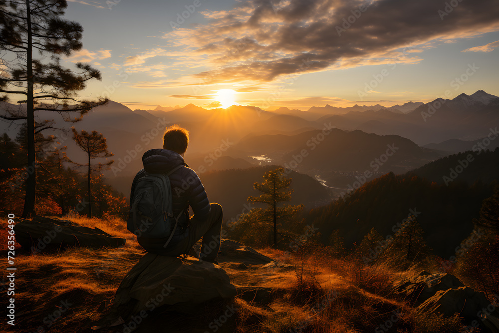 Man taking a look at the mountain top views after hiking. Concept: travel, healthy life, nature, adventure. Man taking a look at the mountain top views after hiking. Concept: travel, healthy life, nature, adventure.