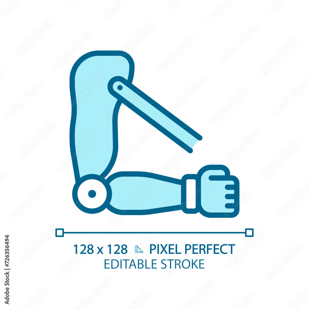 Transhumeral prosthetic arm light blue icon. Biomedical engineering, bionic. Robotic technology. RGB color sign. Simple design. Web symbol. Contour line. Flat illustration. Isolated object Transhumeral prosthetic arm light blue icon. Biomedical engineering, bionic. Robotic technology. RGB color sign. Simple design. Web symbol. Contour line. Flat illustration. Isolated object