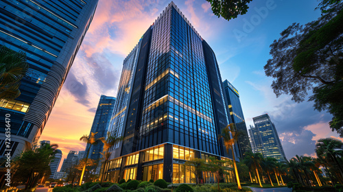 A panoramic view of a high-rise corporate office building at dusk. photo