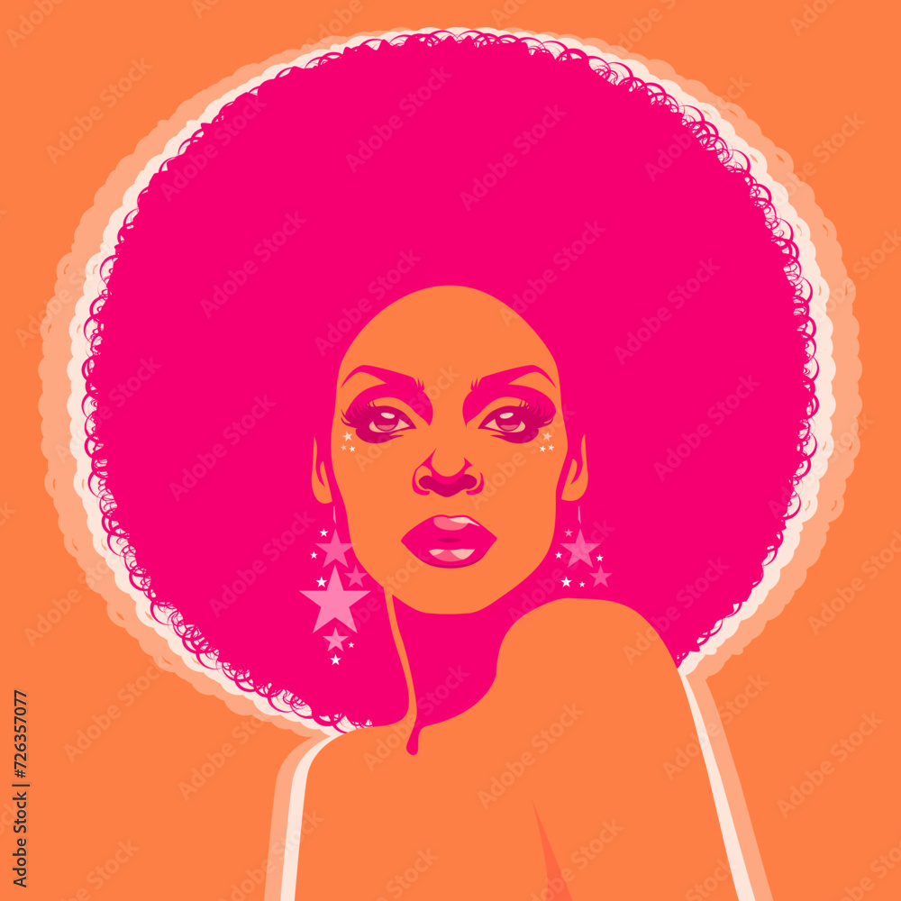 Beautiful woman with afro style curly hair, acid and psychedelic colors. Poster music soul, funk or disco style 60s or 70s Beautiful woman with afro style curly hair, acid and psychedelic colors. Poster music soul, funk or disco style 60s or 70s