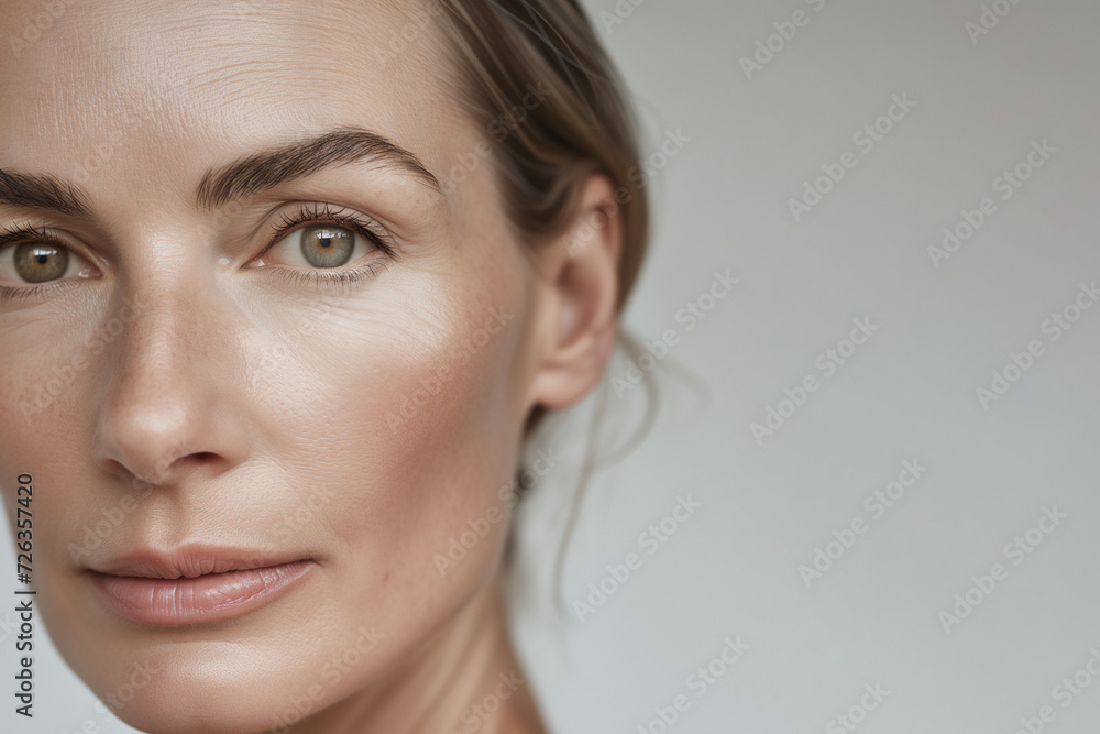Close-up portrait of a confident woman with natural beauty, no makeup and healthy skin Close-up portrait of a confident woman with natural beauty, no makeup and healthy skin