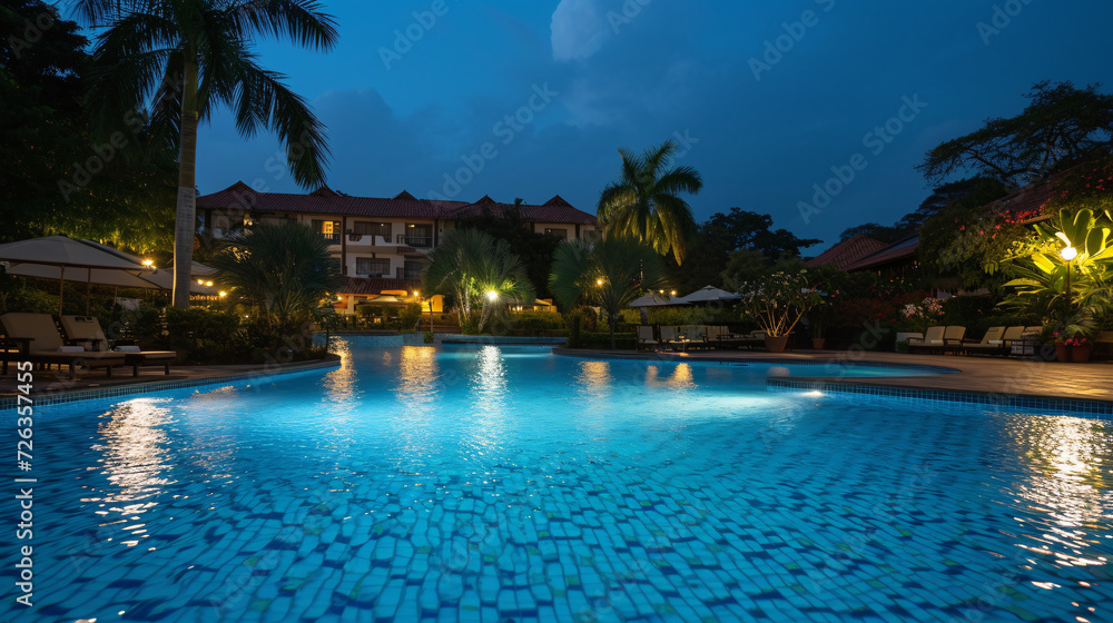 Luxurious beach resort with swimming pool and sun loungers or beach chairs under umbrellas with palm trees at night.