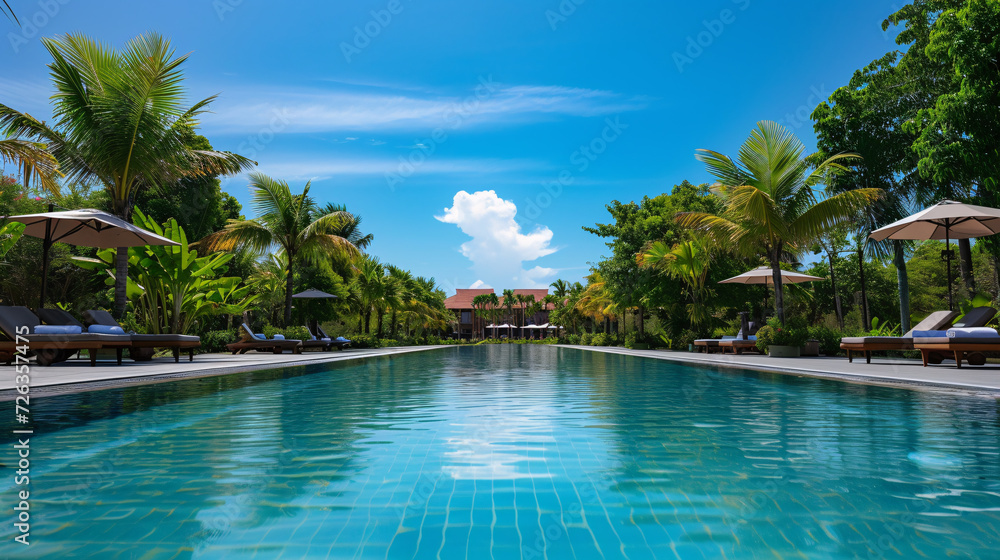 Luxurious beach resort with swimming pool and beach chairs or loungers under umbrellas with palm trees and blue sky.