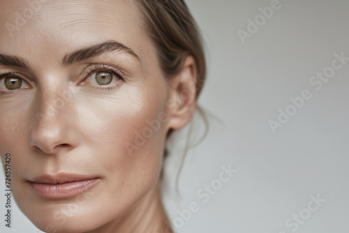 Close-up portrait of a confident woman with natural beauty, no makeup and healthy skin
