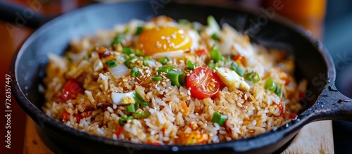 Closeup photo of nasi goreng, a dish with fried rice cooked with shallots, garlic, chilli, tomatoes, and soy sauce.