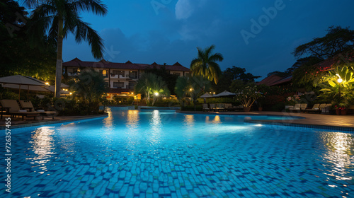 Luxurious beach resort with swimming pool and sun loungers or beach chairs under umbrellas with palm trees at night.