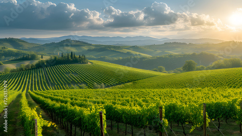 A vineyard  with rolling hills of grapevines as the background  during a sun-drenched day in the Chianti region