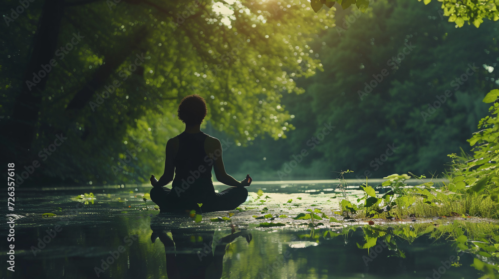 A person meditating in a tranquil forest surrounded by natures serenity.