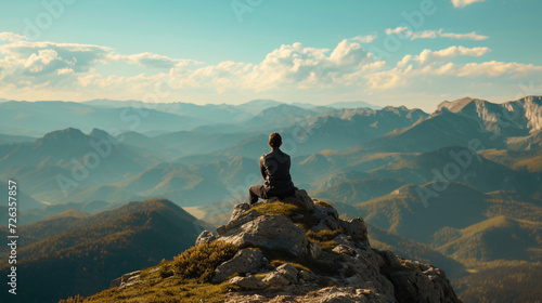 A person sitting atop a mountain gazing at the vast landscape with a sense of achievement.