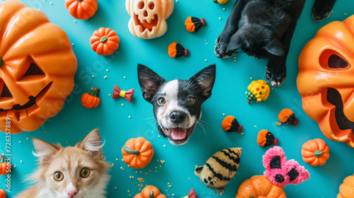 A pet-friendly Halloween flat lay with cute costumes toys and treats for furry friends.