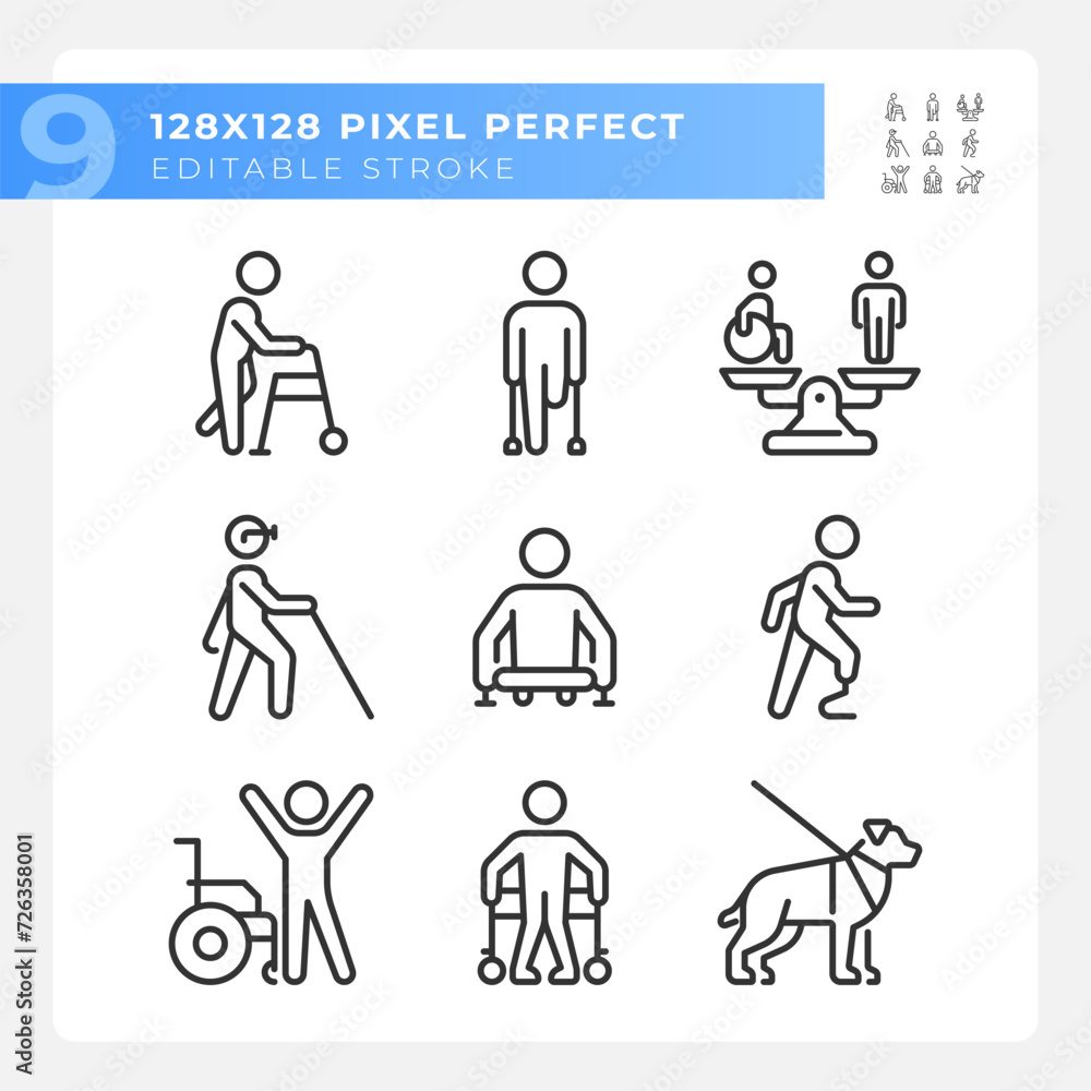 People with amputation linear icons set. Prosthetic limb, special needs. Equality and diversity. Customizable thin line symbols. Isolated vector outline illustrations. Editable stroke People with amputation linear icons set. Prosthetic limb, special needs. Equality and diversity. Customizable thin line symbols. Isolated vector outline illustrations. Editable stroke
