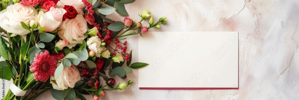 greeting card layout. small wedding bouquet of flowers and space for text