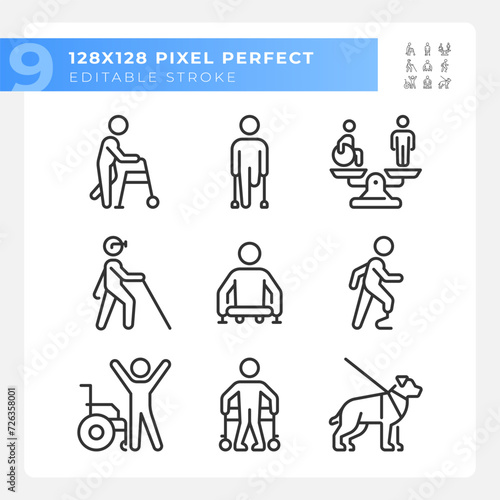 People with amputation linear icons set. Prosthetic limb, special needs. Equality and diversity. Customizable thin line symbols. Isolated vector outline illustrations. Editable stroke