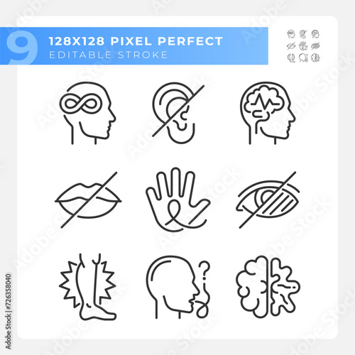 People with perception disorders linear icons set. Cognitive development, brain damage. Mental wellness. Customizable thin line symbols. Isolated vector outline illustrations. Editable stroke