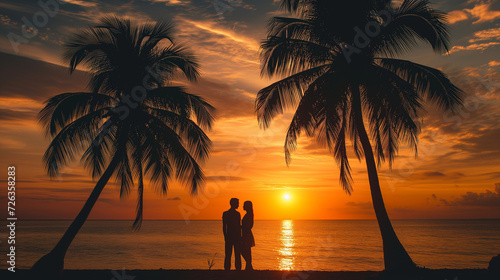 Couple in love spends time on the beach with palm trees and a beautiful view of the ocean