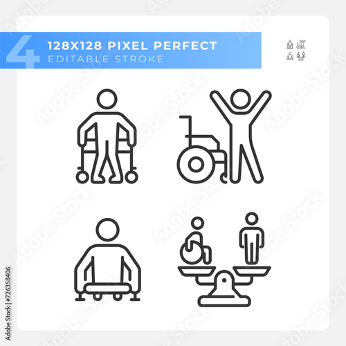 Injury recovery linear icons set. Equality and diversity. Leg amputation, physiotherapy treatment. Customizable thin line symbols. Isolated vector outline illustrations. Editable stroke