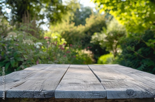 Empty wooden table in garden, brand positioning image