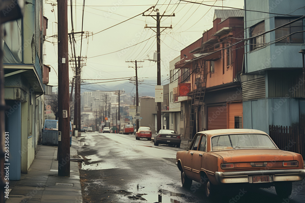 Fototapeta premium Vintage City Street with Wooden Poles & Classic Cars