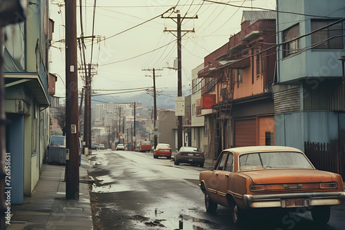 Vintage City Street with Wooden Poles & Classic Cars"