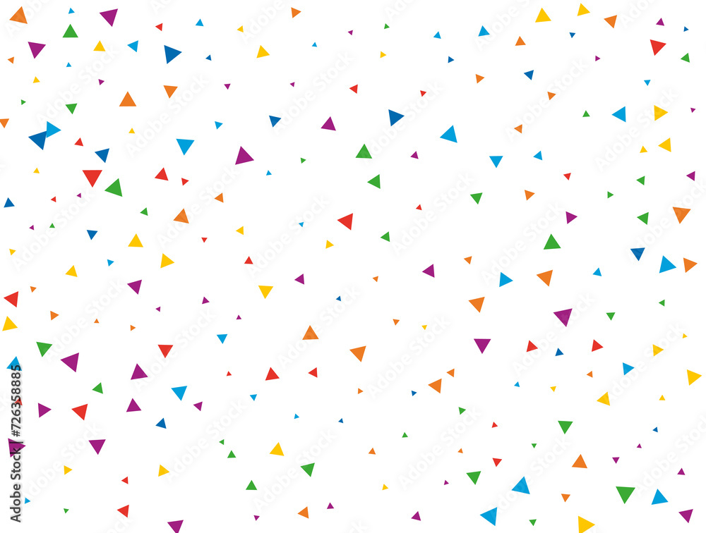 Triangular Confetti. Light Rainbow glitter confetti background. Colored festive texture.