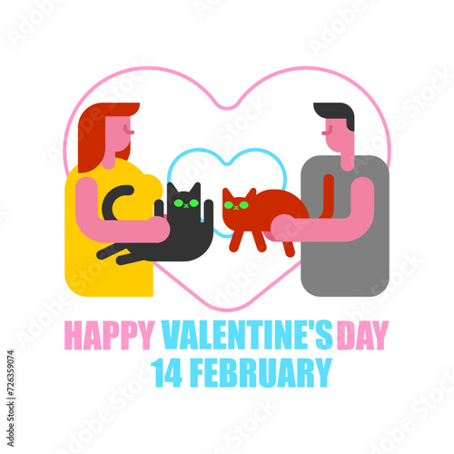 Valentine's day Feline Love. Cat owners are having a date. Meeting pets. Meeting with lovers. Hands in shape of heart. February 14 illustration. Love concept postcard