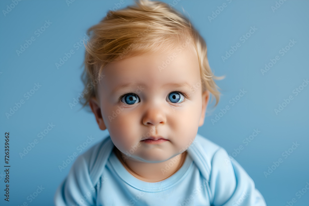 Fashionable little boy with blond hairstyle posing on a blue background Fashionable little boy with blond hairstyle posing on a blue background
