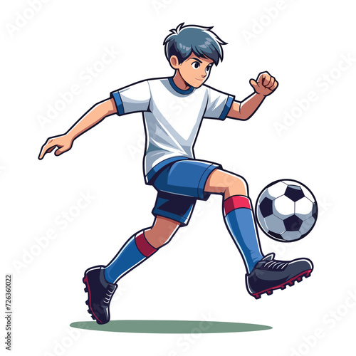 Happy cute little boy playing soccer football game in action cartoon vector illustration, kid player kicking ball design template isolated on white background