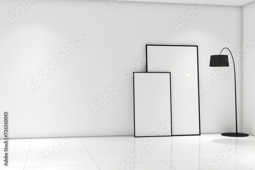 Modern living room with 2 frames mock up on the wall. Design 3d rendering of gray and white images. Design print for illustration, presentation, mock up, interior, cover, zoom background. Set 5 photo