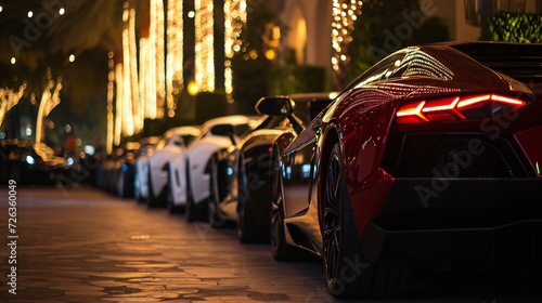 A row of luxury cars parked outside a high-end event at night. © Melvin