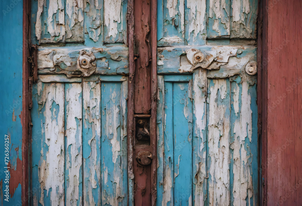 A weathered wooden door with peeling paint