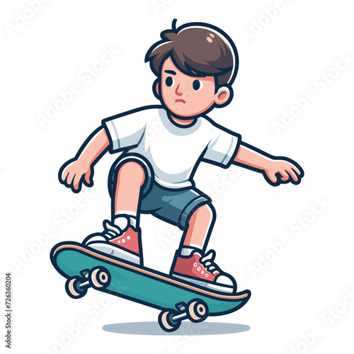 happy cute little kid boy playing skateboard vector illustration, boy skater design template isolated on white background