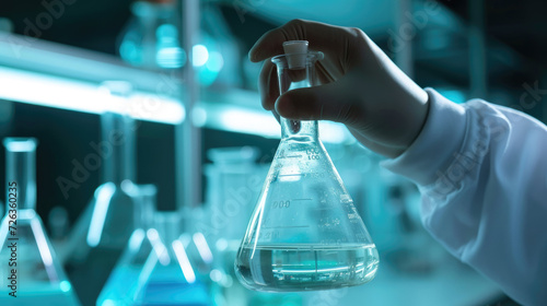 Close-up of a laboratory scientist analyzing a bubbling chemical reaction in a conical flask against a backdrop of laboratory equipment.