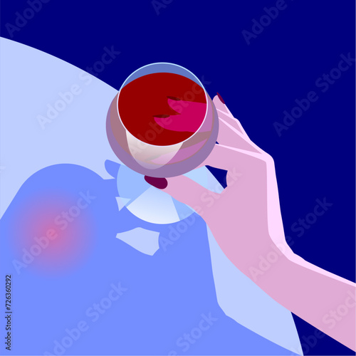 Female hand holding a transparent glass with a red wine. Vector illustration in minimal art and flat design style